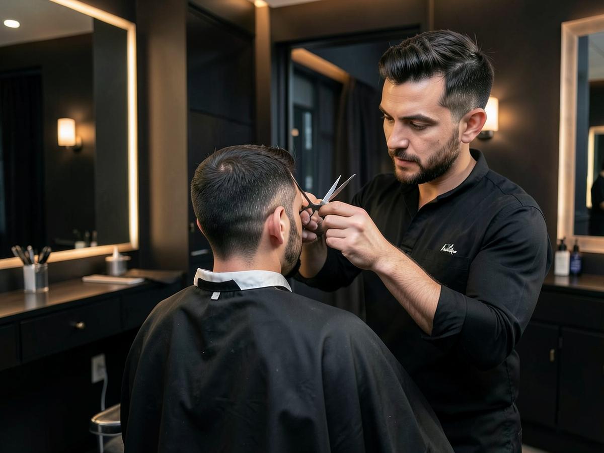Stylist giving a precision haircut at Dhun Unisex Salon Kharghar